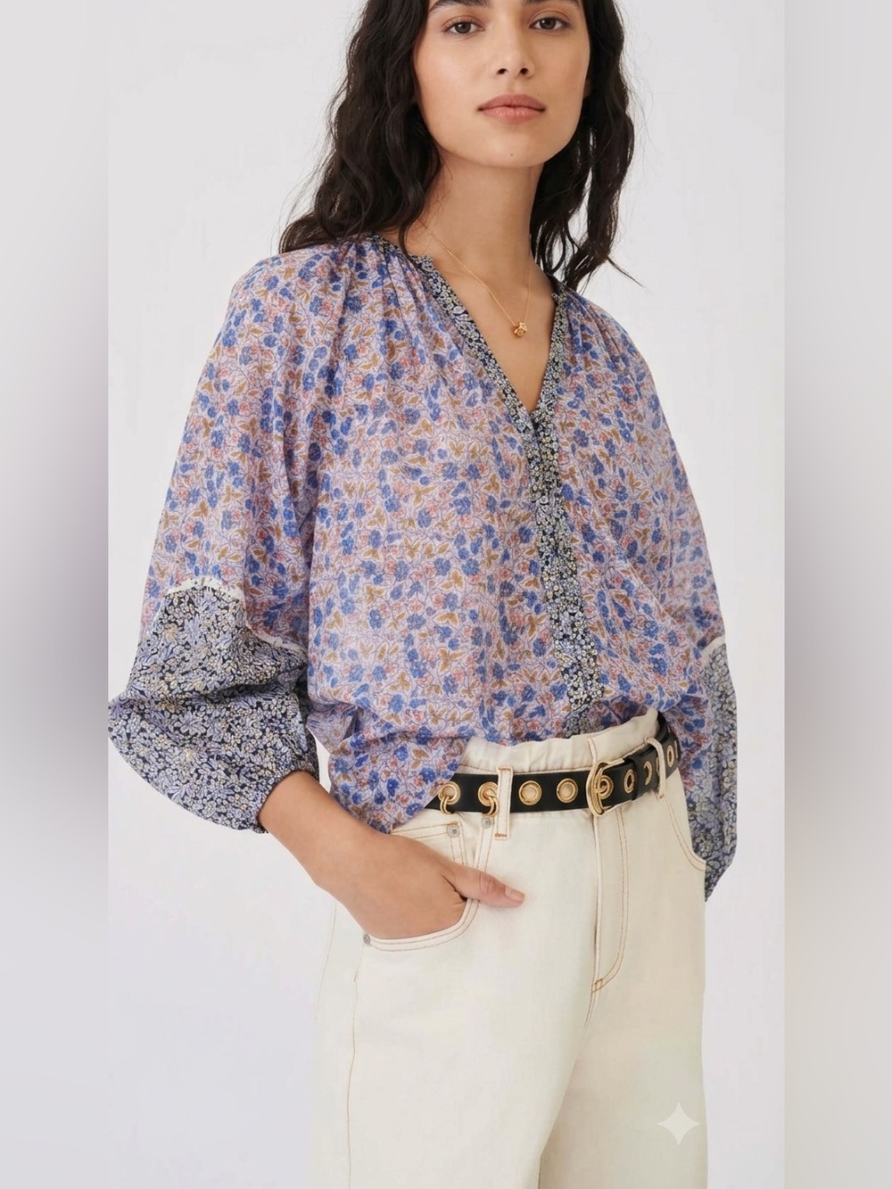 Maje Null Peasant Lavender-Blue Floral V-Neck Organic Cotton Blouse Lightweight
